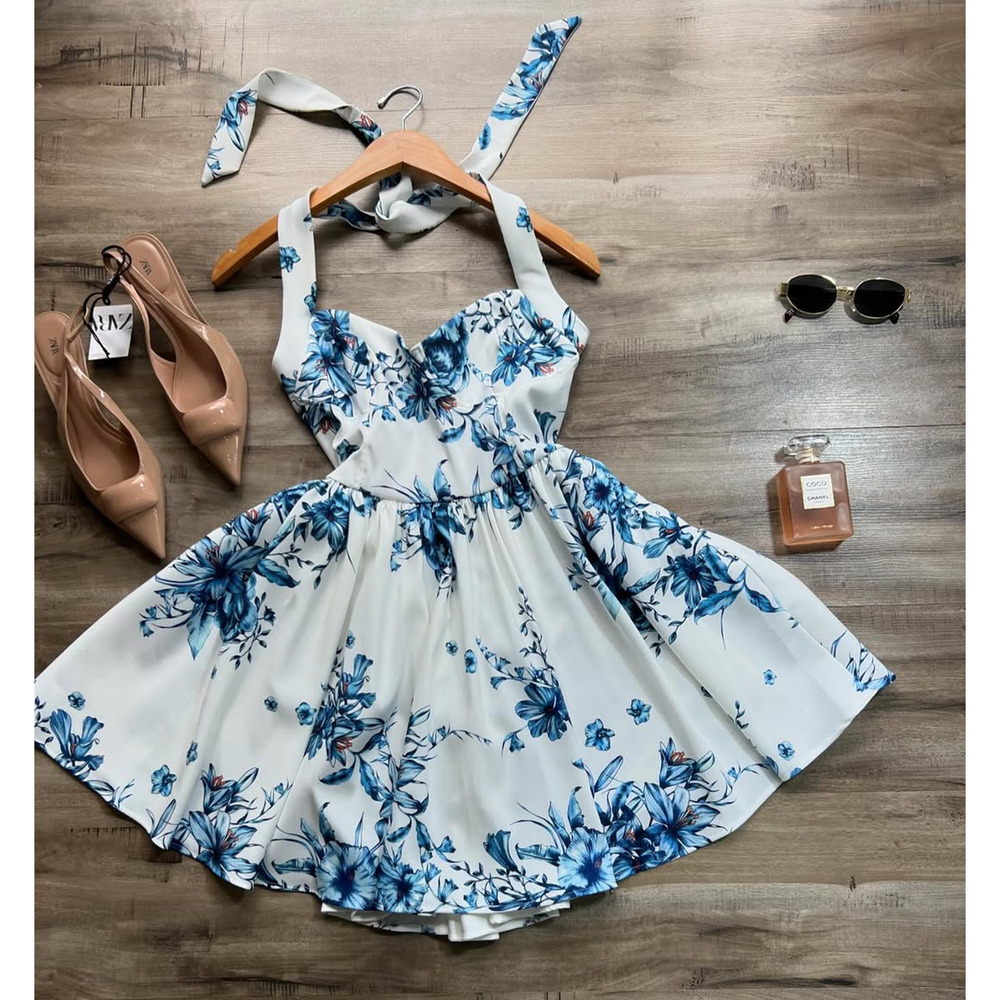 ZARA Blue Floral Halter Mini Dress NWT Open Back Fit Flare Sizes M L - Picture 16 of 16